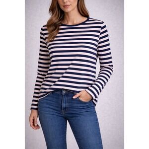 Baukjen Womens Long Sleeve Organic Cotton Striped Top Navy Pink US 12 UK 16